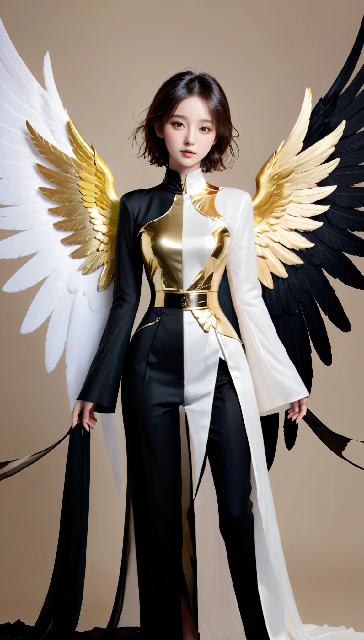 (1girl:1.2),wings,(solo:1.2),((left and right different colors)),color patches,contrast,concept clothing,garment draping,left gold right black, left and right different colors