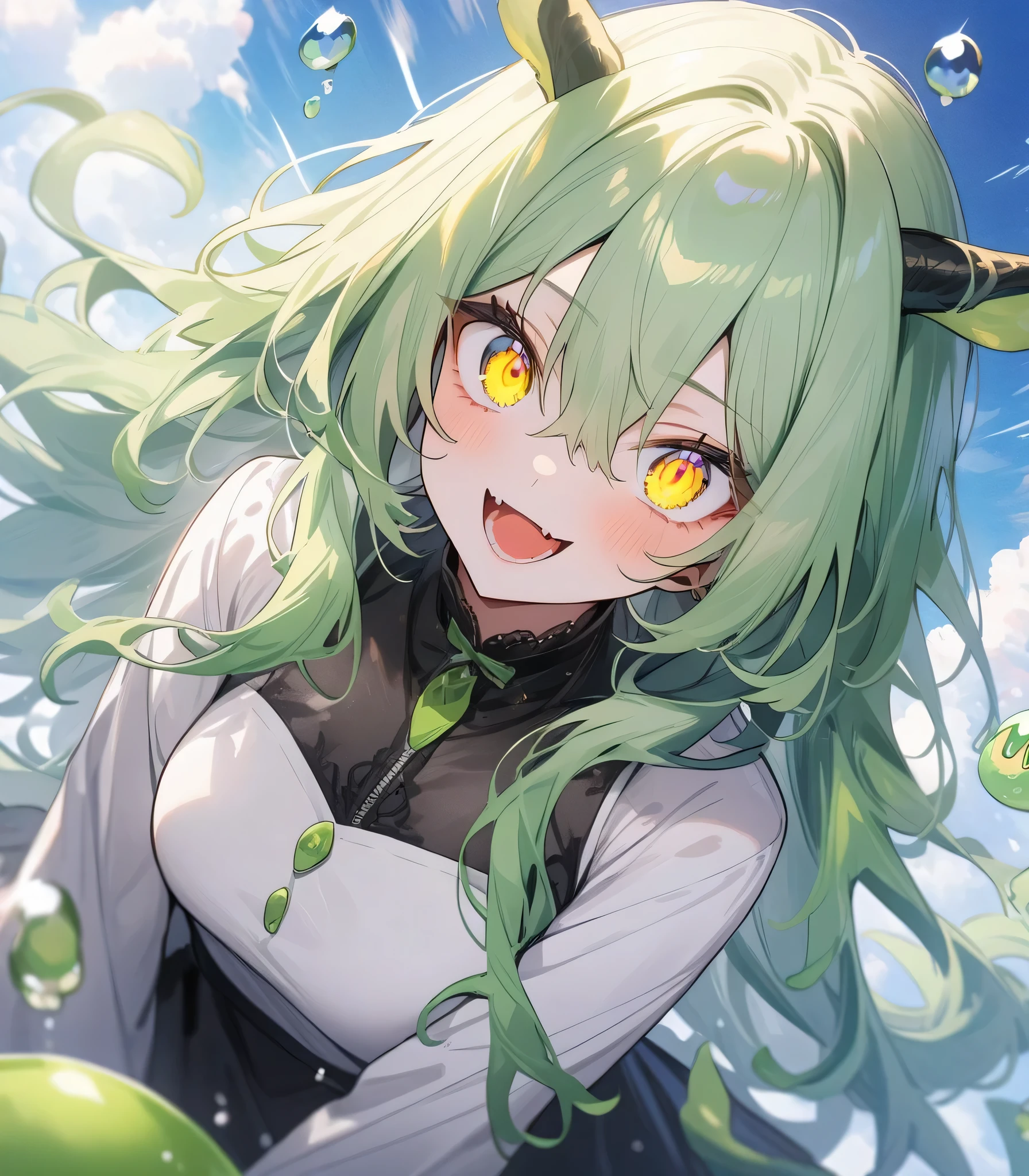 (highest quality、masterpiece、High resolution、detailed)､(Shining eyes、detailed beautiful face)、Slime, (monster girl), green slime with darker green, dripping with yellow ooze, clothed, masterpiece, best quality、beautiful anime、dynamic angle, BREAK,