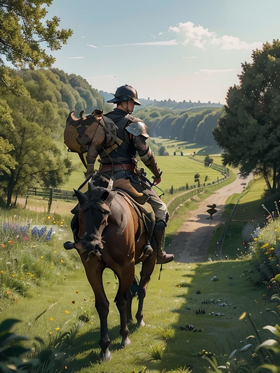 Cartoon style pictures ,(Europe),(Shooting from above),(two men,a girl:1.5),midnight,Overall black tone, 中世纪金属full body armor,full body armor, Medieval dilapidated countryside village,farmland,forest,river,farm cattle,dog,chicken,duck,rabbit,torch,horse,farmer,partner,companion,Soldier,laboeld,farming,(Visor Helmet,In the shadows,Faceless,Strong man, strong, shabby),dynamic poses, ((Turn your back to the camera,look into the distance,not looking at camera)),