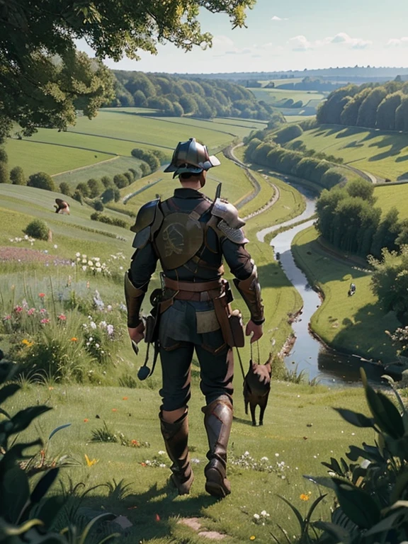  Cartoon style pictures ，(Europe)，（Shooting from above），（two men，a girl:1.5）,midnight，Overall black tone，  中世纪金属full body armor，full body armor， Medieval dilapidated countryside village，farmland，forest，river，farm cattle，dog，chicken，duck，rabbit，torch，horse，farmer，partner，companion，Soldier，laboeld，farming，(Visor Helmet，In the shadows，Faceless，Strong man, strong, shabby),dynamic poses， ((Turn your back to the camera，look into the distance，not looking at camera)), 