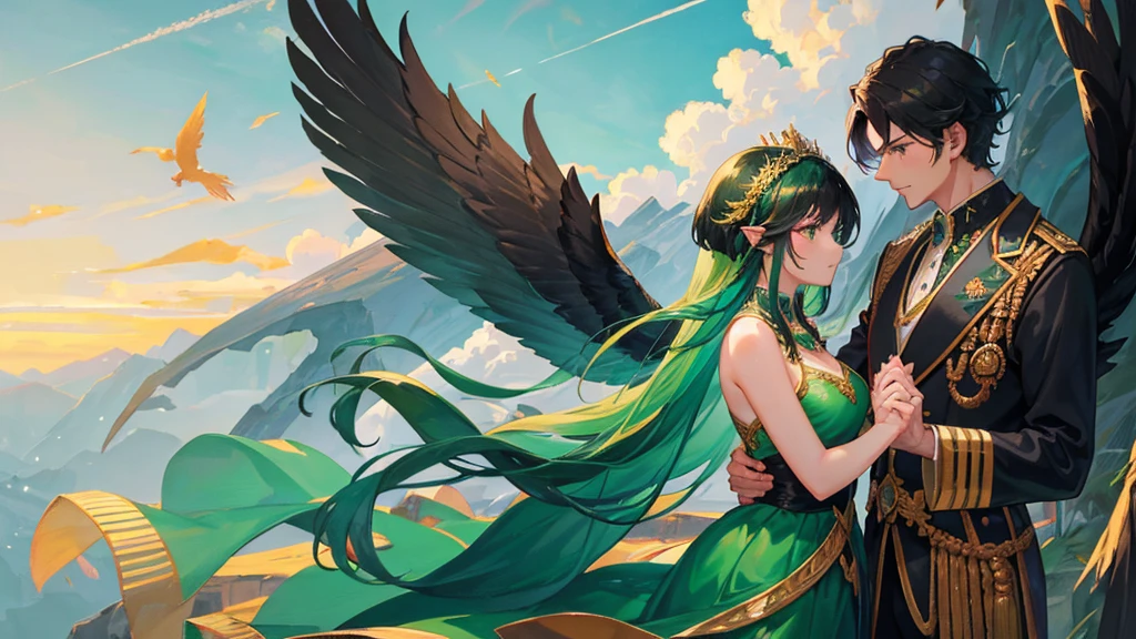 couple, handsome boy, black hair, royal clothes, boy with majestic black wings, phoenix bird, beautiful girl, green hair, royal clothes, girl with fairy wings, romantic pose, 8k resolution, sky
