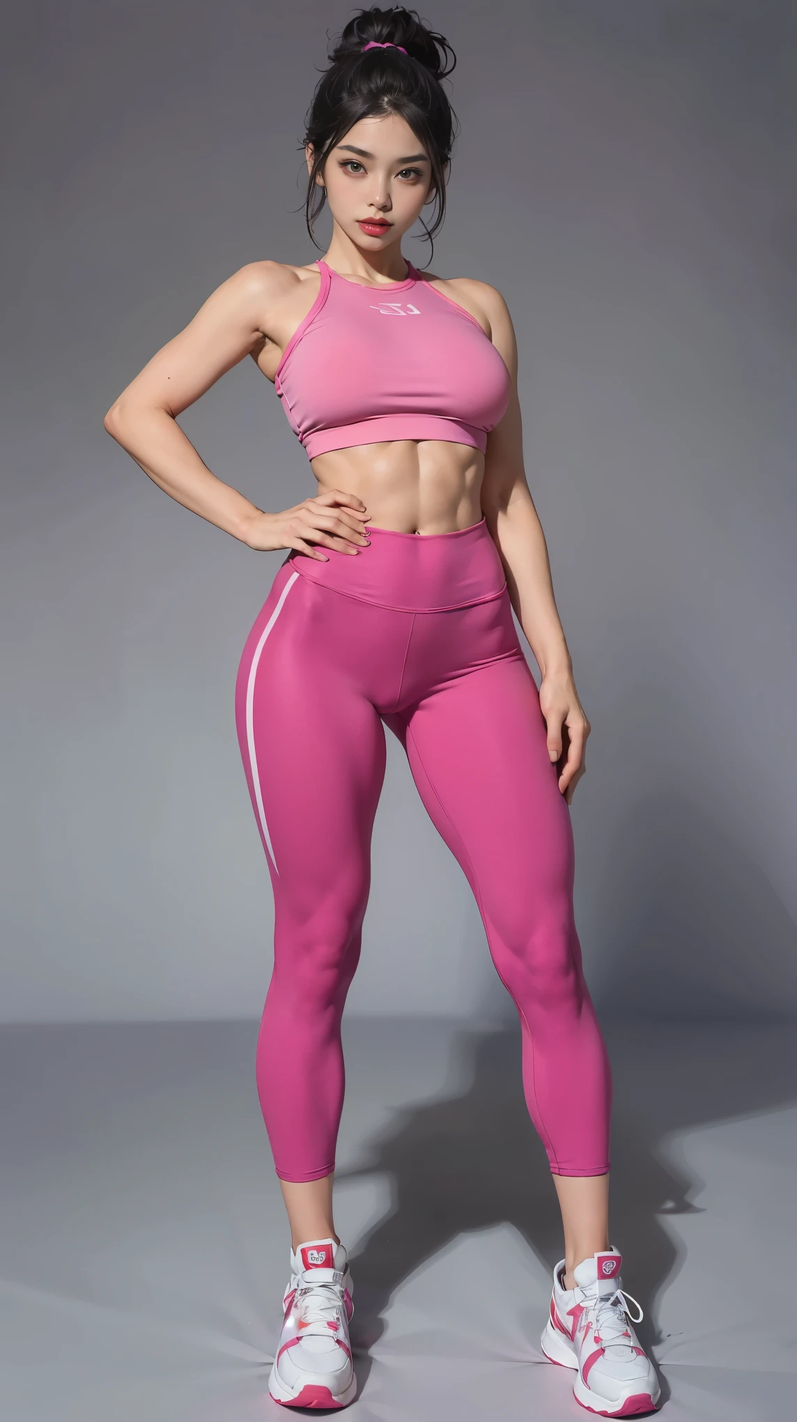 ((best quality,4k,highres,masterpiece:1.2)),((character concept art)), 1 female, age 21. Known for her dedication to fitness and confident personality, Ji-Yeon embodies the role of a modern, young, and independent Korean girl. Her body language is as ambitious and disciplined as her personality, always exuding a vibrant energy. (((She's wearing a tight, cropped gym top that highlights her toned abs and high-waist gym leggings that show off her shapely legs))). (((She enhances her look with trendy, high-top sneakers))), carrying her ensemble with an air of unapologetic confidence. Her accessories include a sporty headband to keep her hair in place during her workouts. ((intricate detail)), super finely detailed hands, ultra finely detailed fingers(((ten fingers))), (standing confidently), (full body showcase), (show full body), (no logos on background), (no logo), ((plain background)), ((plain background)), (((empty background))).