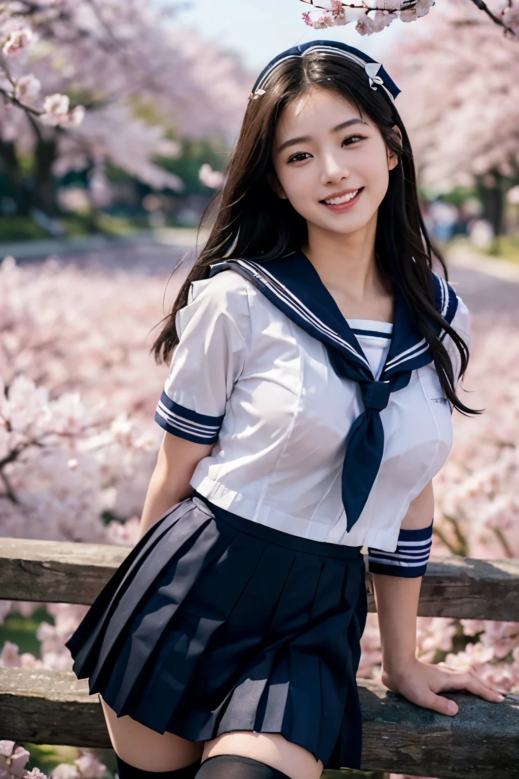 (hyper realism, 10, very detailed, highest quality, Super detailed, masterpiece, 超realistic, high detail, Raw photo, realistic,）((School、spring、The cherry blossoms are blooming a little)）,(((sailor suit, school uniform))), (((black pleated skirt))), (black stockings),(Composition from the front))、highest quality, (((whole body)))、(((big breasts、Ｇcup)))、beautiful japanese girl,long hair、black hair、Smiling with a sexual expression,, smile with a sexual expression, ((exact garment、accurate human body))