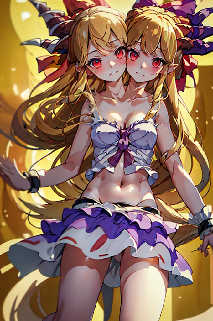 (masterpiece, best quality), best quality, (ultra-detailed), (3heads:1.5), 1girl, (suika ibuki:1.3), masterpiece, (best quality:1.5, highres, UHD), highres, absurdo, ultra detail, ultra quality, Ultra resolution, tattered pale pink top, crop top, ((stomach)), midriff, ((groin)), purple and pink skirt, normal ears, shackles, blonde hair, very long hair, wavy hair, sidelocks, red eyes, detailed eyes, parted lips, sweat, cute, toned belly, hand on own chest, eyelashes, (25 year old woman:1.3), (masterpiece:1.5), (best quality:1.5), (beautiful detailed), extremely detailed CG, extremely delicate and beautiful, depth of field, (finely detailed face), (perfect details:1.2), (mature female:1.3), wide pelvis, slender, large veiny breast, 16k resolution, very high quality, very high definition, extremely detailed, masterpiece, blonde hair, long hair, alluring presence, braid, short skirt, close up, big , young, two long straight oni horns on her head, decorated with ribbons, open belly, nsfw, midriff, girl with three heads,