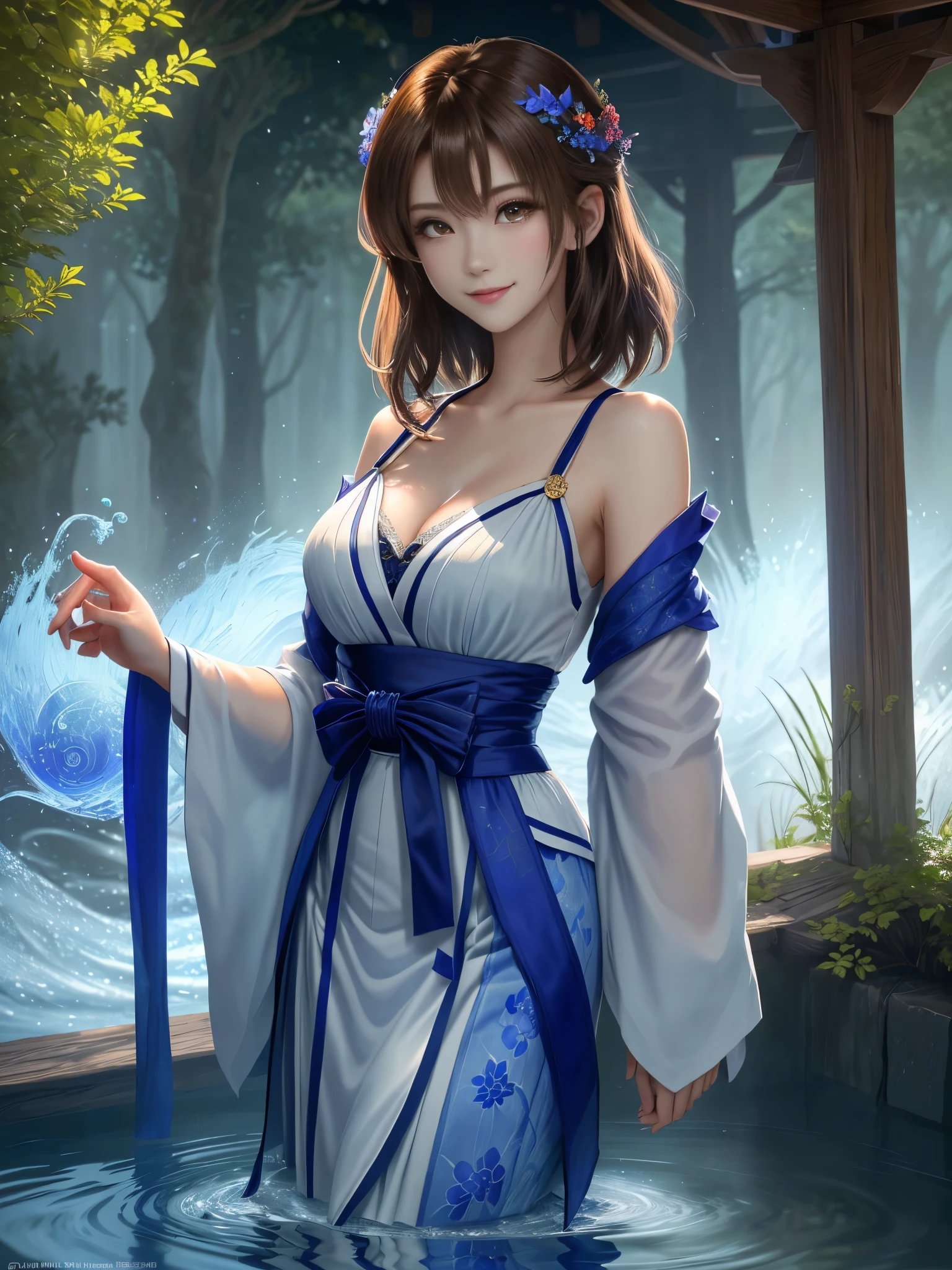 masterpiece , best quality,smile,smile,small face,shoulder exposure,golden kimono,A little cleavage exposure,double eyes,Beauty,beautiful woman,beautiful girl,Stand firmly on both feet,charm,adult,lure,Big eyes,light brown hair,Mysterious世界,god of water殿,in the forest,god of water,Mythical God,水色のMysterious雰囲気,Water sources surround the area,水色のMysterious背景,beautifully curled hair,slender body shape,brown eyes,Contrast faithfully reproduced,short hair,Beautiful short hair,Berry Short,short cut hair,just one person,precision quality,A faithful reproduction of the human eye,水色のMysterious雰囲気,水色のMysterious背景,beautiful details, colorful, delicate details, delicate lips, intricate details, genuine, ultrargenuineista, Mature, bright eyes, raposa de Beautiful digital art,shrine maiden,exquisite digital illustration, mizutsune,pixiv in digital art, shining light, high contrast, Mysterious,Take center,view audience