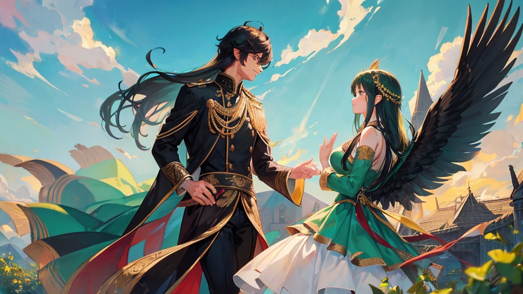 couple, handsome boy, black hair, royal clothes, boy with majestic black wings, phoenix bird, beautiful girl, green hair, royal clothes, girl with fairy wings, romantic pose, 8k resolution, sky