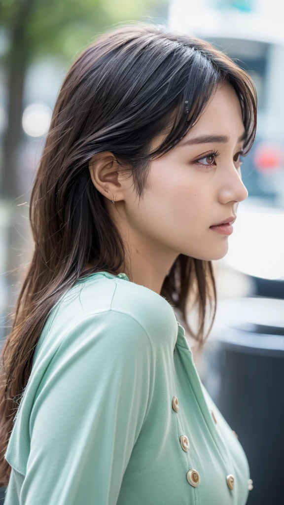 ((best quality, 8K, masterpiece:1.3)), sharp:1.2, Beautiful woman with perfect body:1.4, slim abs:1.2, ((layered hairstyle, huge tits:1.3,split:1.2)), (Long shirt with see-through wet white buttons:1.1),(rain,street:1.2),get wet:1.5,Highly detailed facial and skin textures,delicate eyes,double eyelids,side view camera