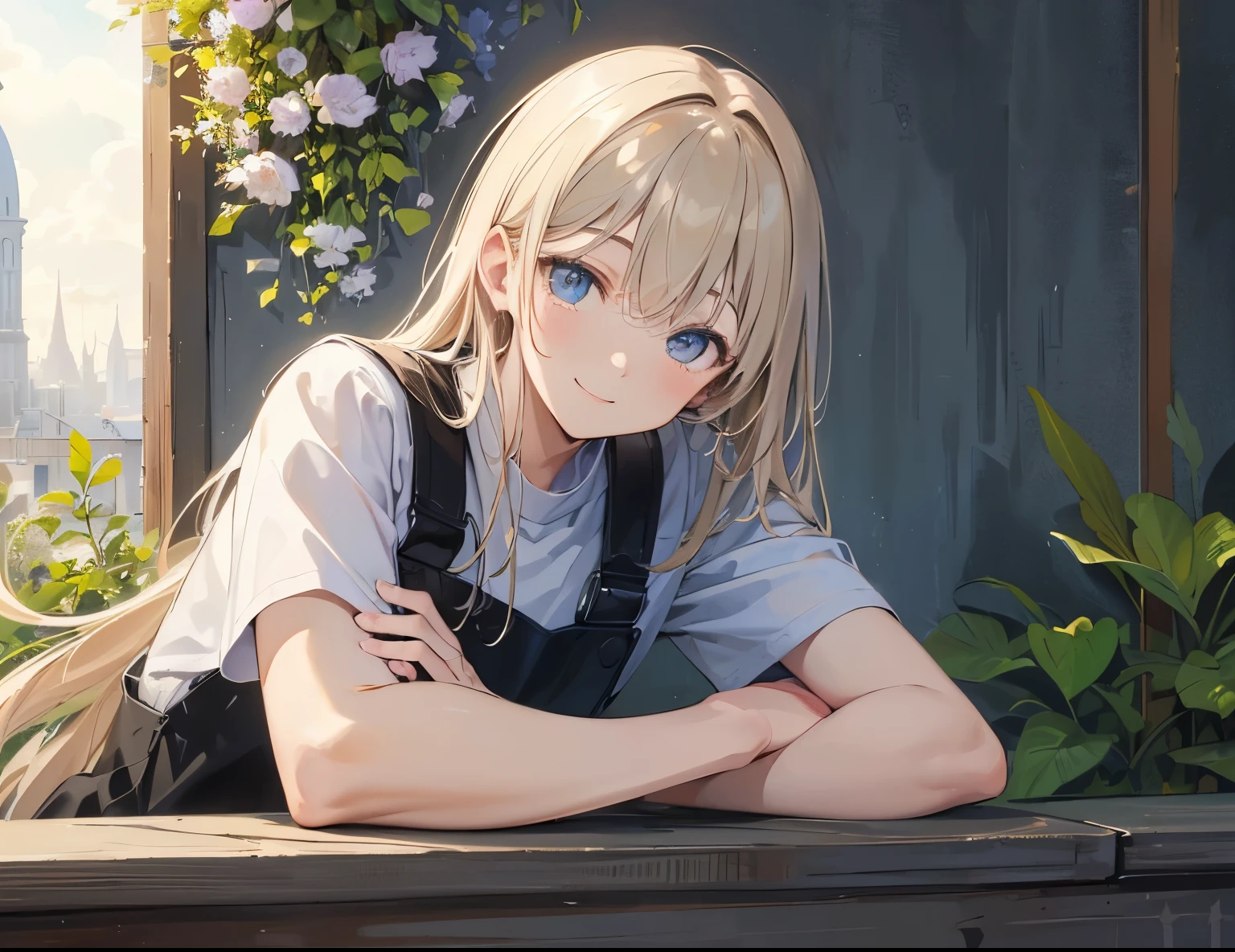 ((Best quality, A high resolution, Masterpiece:1.2)) ,(Clear facial features), (happy smile), man leaning on the wall with his arms crossed, smile, laugh, landscape