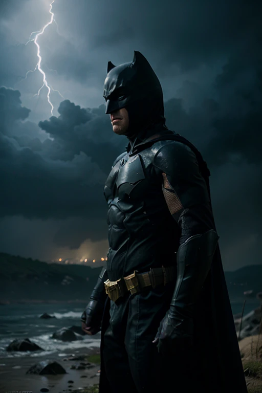 BATMAN as King Arthur in the heat of battle. SKY SHOT, torrential rain and lightning, wide angle shot, hyper-realistic, cinematic digital art, ultra-sharp focus and award-winning photography. Balanced image, exciting composition, contrast, action-packed, adventure, fantasy, captivating, attractive, complete, refined, dramatic, cinematic dramatic shot, movie poster style Taken with Canon EOS Rebel T7, manual mode (M), s