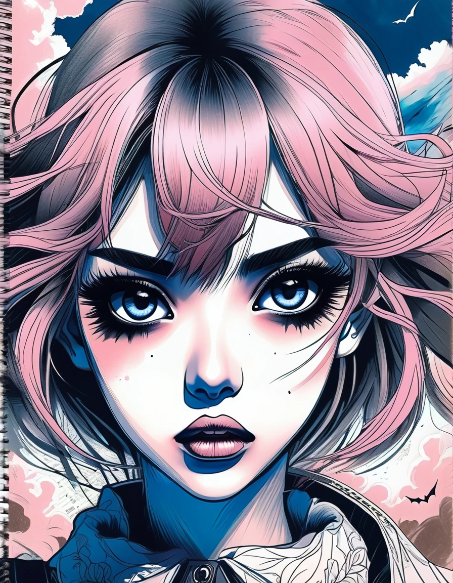 [((Anime line drawing on a notebook sheet))]:a young attractive Gothic anime girl, strong Gothic makeup, expressive big eyes, mascara running down her face, defiant manicure, oblique bangs, dark clouds, ((Anime Line Drawing)) [pencil-drawing: pink+blue+sepia], ((Guwayz style)) intricate, unusual detailing, ((best quality)), ((masterpiece)) , ((realistic)), 8K, expressionism:1.2