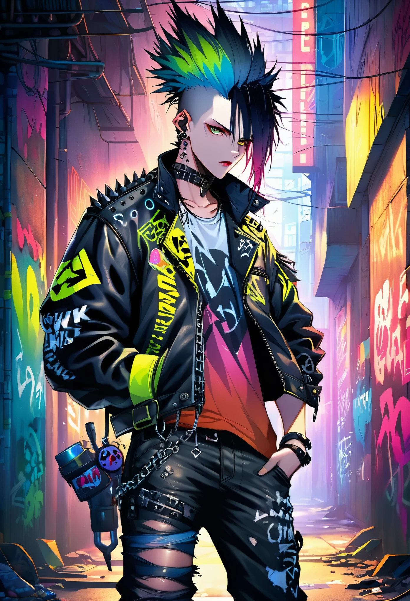 A man with a metal punk style is walking down the streets in a dystopian world. The scene is set in a world dominated by metallic elements and punk aesthetics. The man's appearance is characterized by a rebellious and edgy fashion style, with an outfit consisting of leather jackets, ripped jeans, and heavy metal accessories. His hair is spiked and dyed in vibrant neon colors, showcasing his fierce personality.

The environment around him is heavily influenced by a post-apocalyptic setting, with dilapidated buildings and crumbling infrastructure. The streets are filled with graffiti and signs of rebellion, reflecting the punk subculture that permeates this world. Neon lights flicker in the dimly lit alleyways, casting an eerie glow and creating an atmosphere of tension and uncertainty.

The man's movements are confident and purposeful as he navigates through the abandoned streets. His eyes are piercing and filled with determination, while his lips are sealed with an expression of defiance. The attention to detail in depicting his eyes and facial features is paramount to capture the essence of his rebellious nature.

The overall image quality is of the highest standard, with a focus on ultra-detailed rendering and vivid colors. Each design element, from the textured leather of his jacket to the intricate patterns in the graffiti, is meticulously crafted to create a photorealistic masterpiece. The lighting technique enhances the dramatic atmosphere, with shadows and neon reflections adding depth to the scene.

In terms of art style, the prompt emphasizes the fusion of punk aesthetics with a dystopian world, resulting in a unique blend of urban grit and metallic elements. This combination creates a visually striking and thought-provoking image.

The color palette is dominated by dark hues, with accents of vibrant neon colors to create a contrast and enhance the futuristic atmosphere. The lighting technique further emphasizes this contrast, with bright neon lights contra