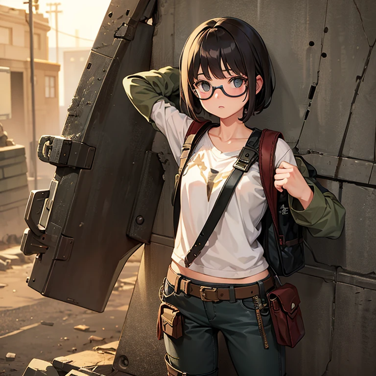 A girl in an apocalyptic world with worn clothes, mochila y botas con lentes y cabello rubio