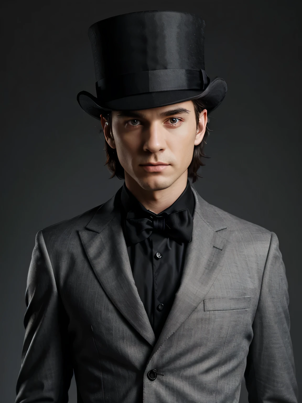 ultra realistic ,half body black half body white man with tophat on gray background