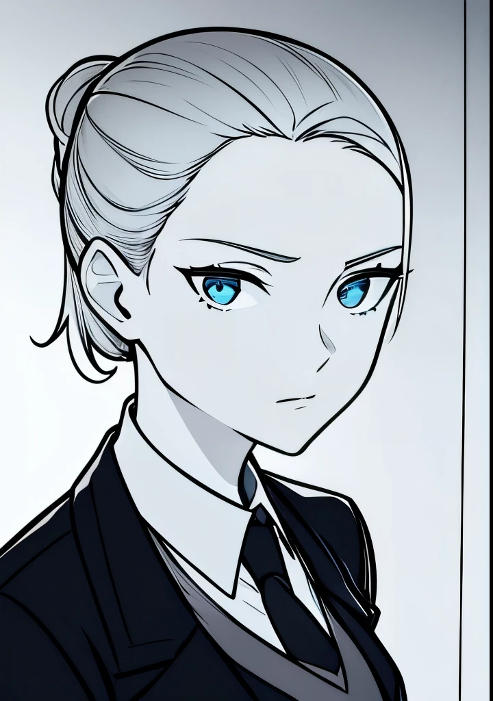 One Young Adult female, pale blonde slicked back into a short ponytail with a single bang on the left hand side, steel blue eyes, light and carefree expression, wearing black suit jacket and tie, portrait style, facing forwards