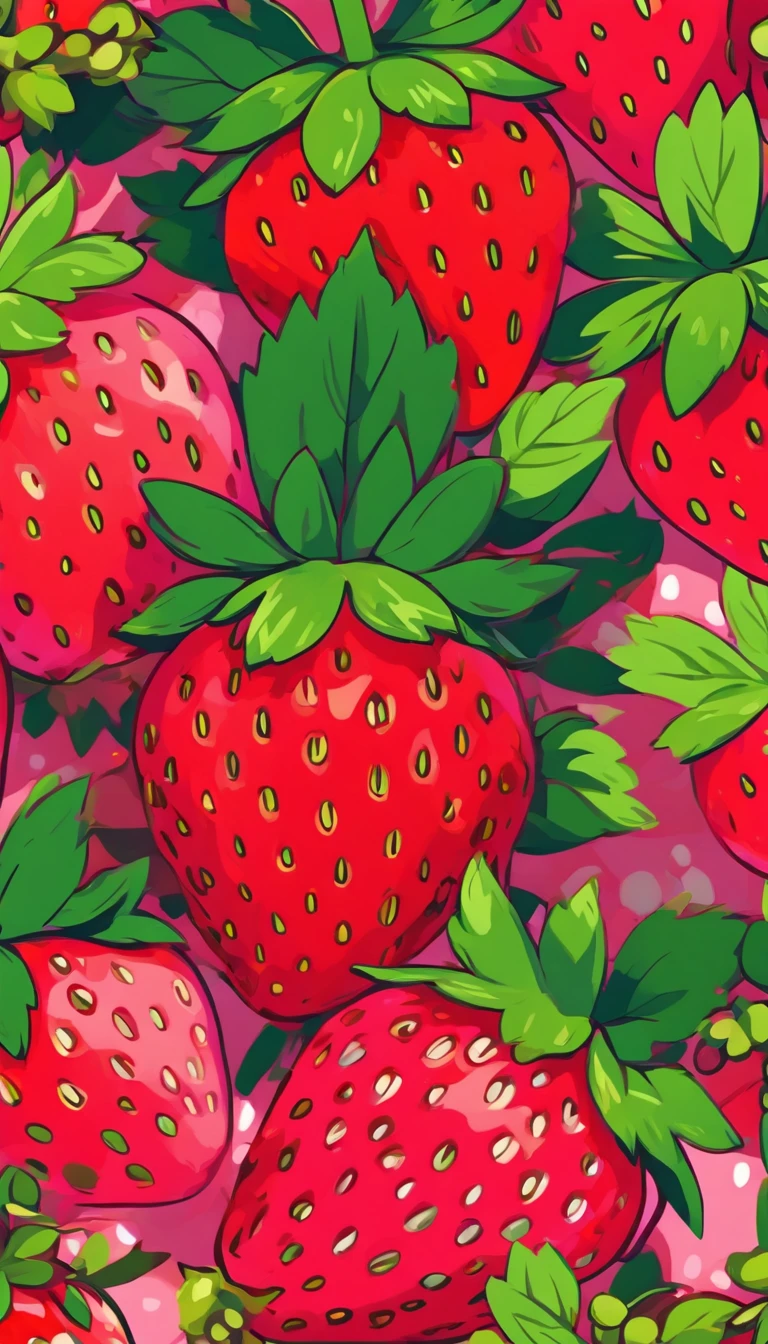 Strawberry pattern, 1 background color, pink and red color palette, flat color, flat art illustration, without realistic texture, no realistic texture, no detailed textures, minimalist pattern, berries, pattern for Smart phone background screens