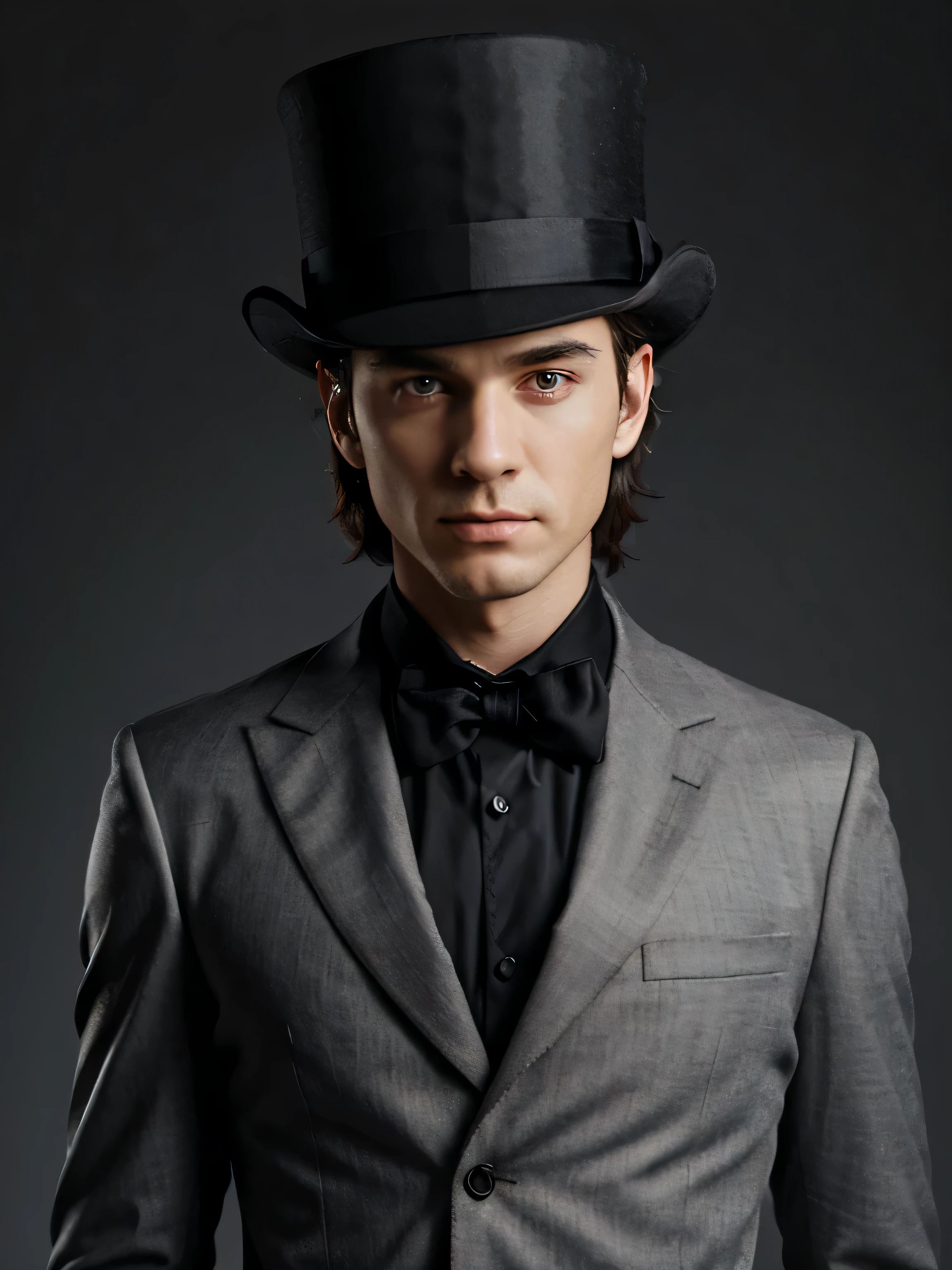 ultra realistic ,half body black half body white man with tophat on gray background