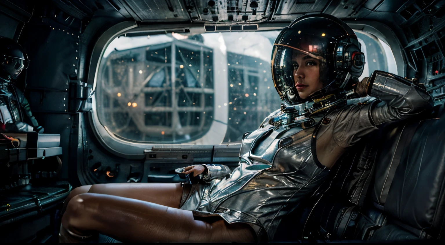 [NSFW] a [gorgeous] [cyberpunk girl ]sit on a huge leather armchair in the control room of a human hearted vehicle)) ((wearing an astronaut´s suit and helmet))(((mid plane)))cinematic, octane render, highly detailed, hiper rellistic
