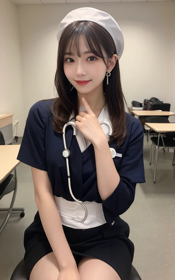 table top, highest quality, figure, Super detailed, finely, High resolution, 8k wallpaper, 完璧なダイナミックな構figure, detailed and beautiful eyes, ,bob hair, middle of chest, natural color lip, ,smile,20 year old girl、Huge 、Examination room、Stethoscope　Huge胸　Huge乳輪　nipple　open the thighs　show one&#39;s side　Accessories for the neck　big earrings　nurse hat