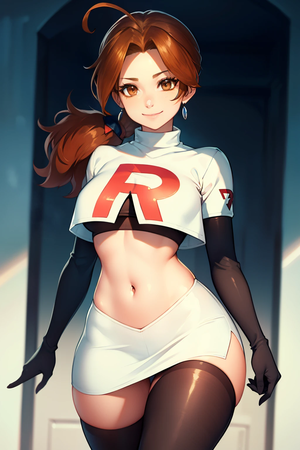 deliaketchum, brown hair, (brown eyes:1.7), parted bangs, (ahoge:1.5), ponytail, low ponytail,glossy lips, light makeup, eye shadow, earrings ,team rocket,team rocket uniform, red letter R, white skirt,white crop top,black thigh-high boots, black elbow gloves, evil smile look,