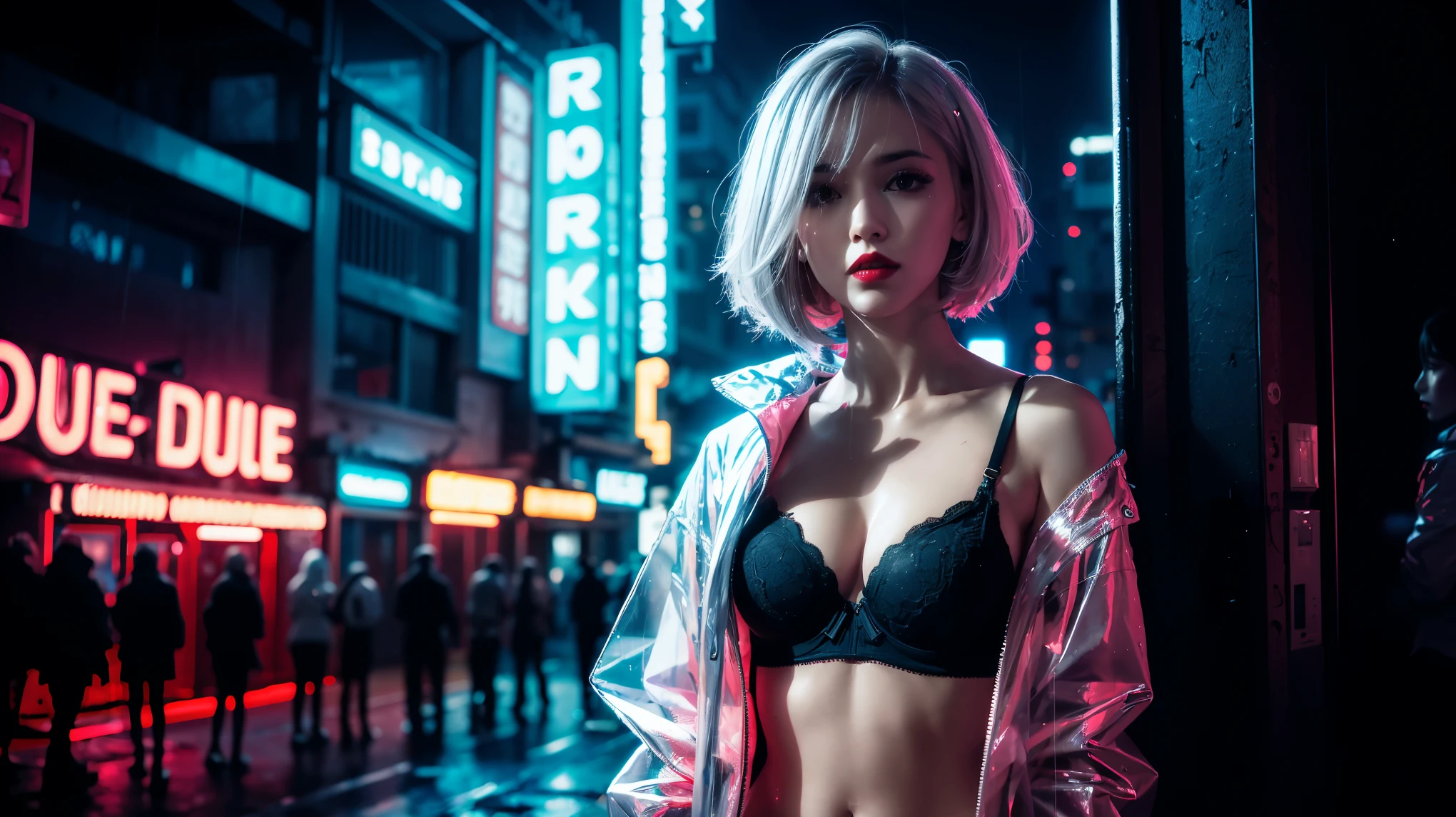Neon Noir Beautiful Female,Looking at Viewer, . Cyberpunk, Dark, City of Rains, neon signs, (outside the double door of a nightclub), High contrast, low illuminance, Vibrant, Highly detailed, silver hair color, shoulder length bobcut hair, Luminous Eyes, cherry red lipstick, transparent plastic rain jacket, black skin tight bra, raining