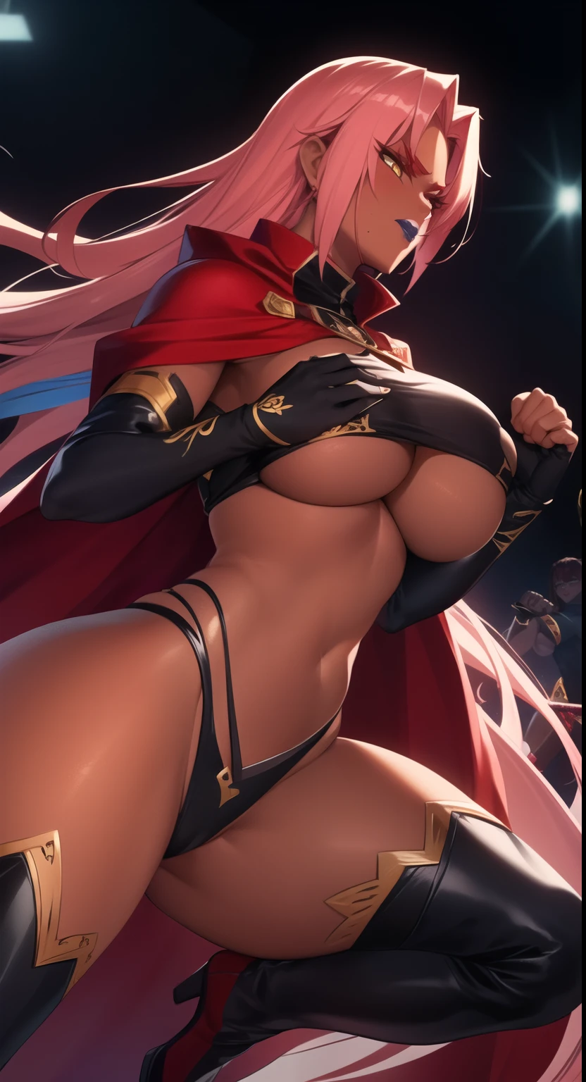 (highres, high quality:1.2), intricate details, cinematic lighting, sharp focus, depth of field, makaikishiingrid,
Ingrid, 1girl, mature female, (dark-skinned female:1.1), dark skin, (own hands together:1.3), (sword guard stance:1.2),  parrying, arena, projectors, 
determined,
pink red hair, very long hair, hair intakes, makeup, lipstick, (mole under mouth:0.95), eyelashes, yellow eyes, detailed face,
helloutfit, red cape, black (turtleneck:1.05), (underboob:1.1), black (revealing clothes:1.1), center opening, black coattails, elbow gloves, highleg panties, thigh boots, (multicolored clothes:1.1)
midriff, large breasts, areola slip, (nipple slip:0.8),