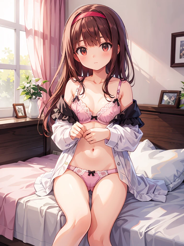 masterpiece, beautiful illustrations, highest quality, pretty girl, 1girl, Bedroom, pastel colour, (two-separated lingerie), cute lingerie, reddish brown long hair, headband, bright lighting, presenting, looking at viewer, on bed