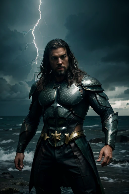 AQUAMAN as King Arthur in the heat of battle. SKY SHOT, torrential rain and lightning, wide angle shot, hyper-realistic, cinematic digital art, ultra-sharp focus and award-winning photography. Balanced image, exciting composition, contrast, action-packed, adventure, fantasy, captivating, attractive, complete, refined, dramatic, cinematic dramatic shot, movie poster style Taken with Canon EOS Rebel T7, manual mode (M), s