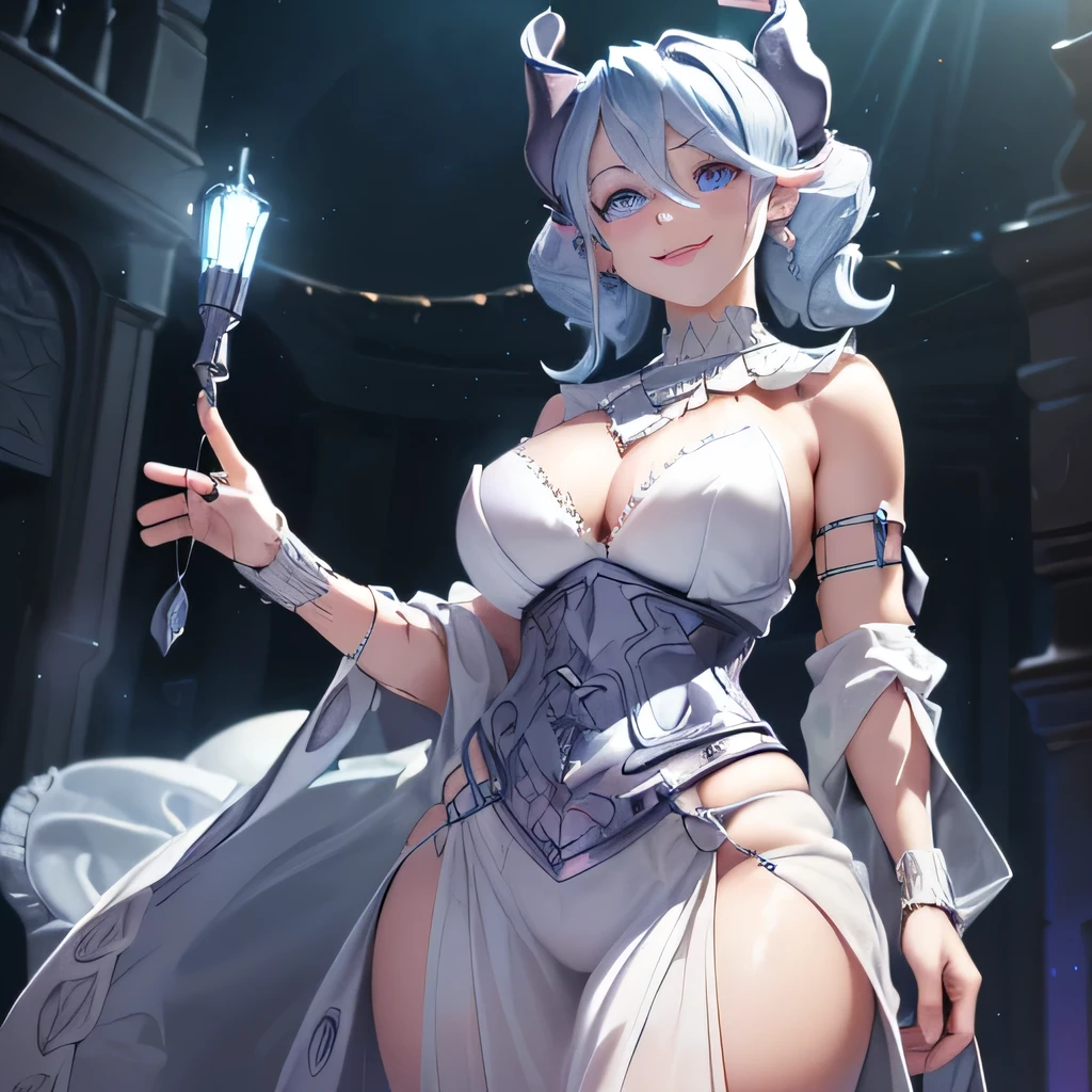 ((Masterpiece: 1.5, best quality, high resolution: 1.3, super resolution, super detailed, ultra detailed: 1.3, rich background: 1.2, Perfect Anatomy:1.5, 1 woman) pale skin + light blue hair + Short curly hair + violet eyes + feminine figure + medium chest + small waist + wide hips + long sheep ears and ram horns (intricate bodysuit, thick necklace with a bell, long skirt made of transparent fabric, minimal jewelry) (( open eyes, smile, dramatic lighting, background of an illuminated street)) ((many colors for clothes and accessories))