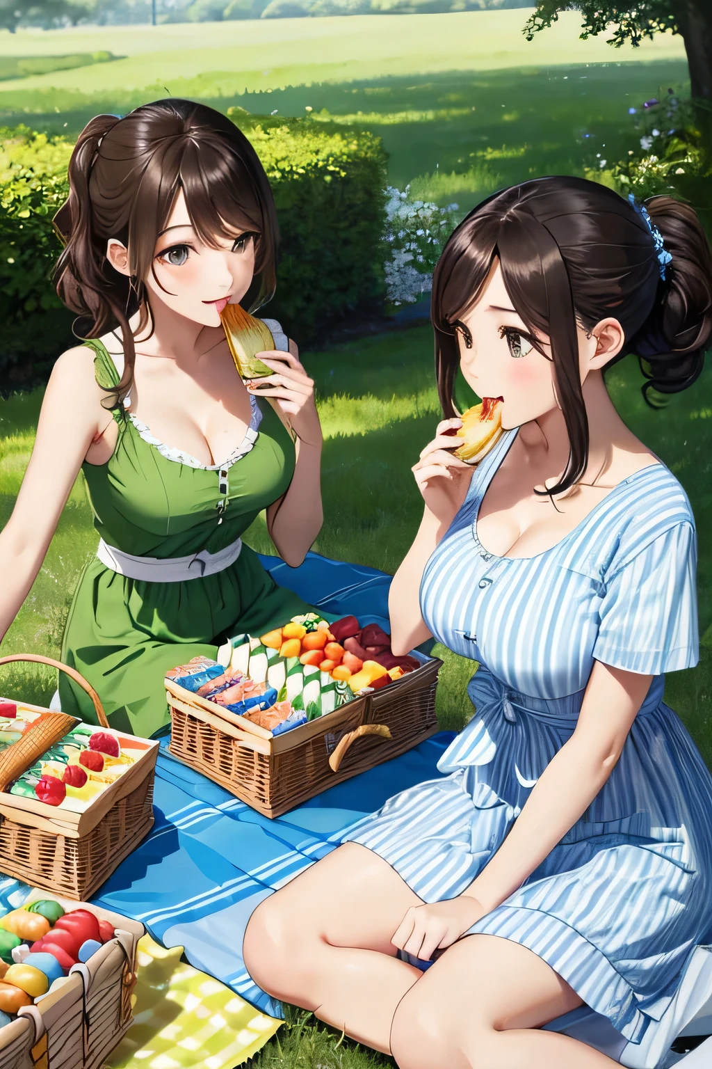 (highest quality:1.4)、High resolution、detailed background)、(detailed beautiful face:1.4)、detailed facial expressions、Anatomically correct、beautiful and smooth skin、Beautiful woman in her 30s、three beautiful girls、(huge breasts:1.3)、cute hair color、brown hair、braided bob、braided ponytail、realistic、perfect body line、cute、under the blue sky、Picnic on a green meadow、
(Three women chatting and eating while sitting on a colorful picnic blanket:1.5)、
Floral sundresses and flared skirts、
Bringing a handmade lunch box or fruit will make it even cuter.、cute