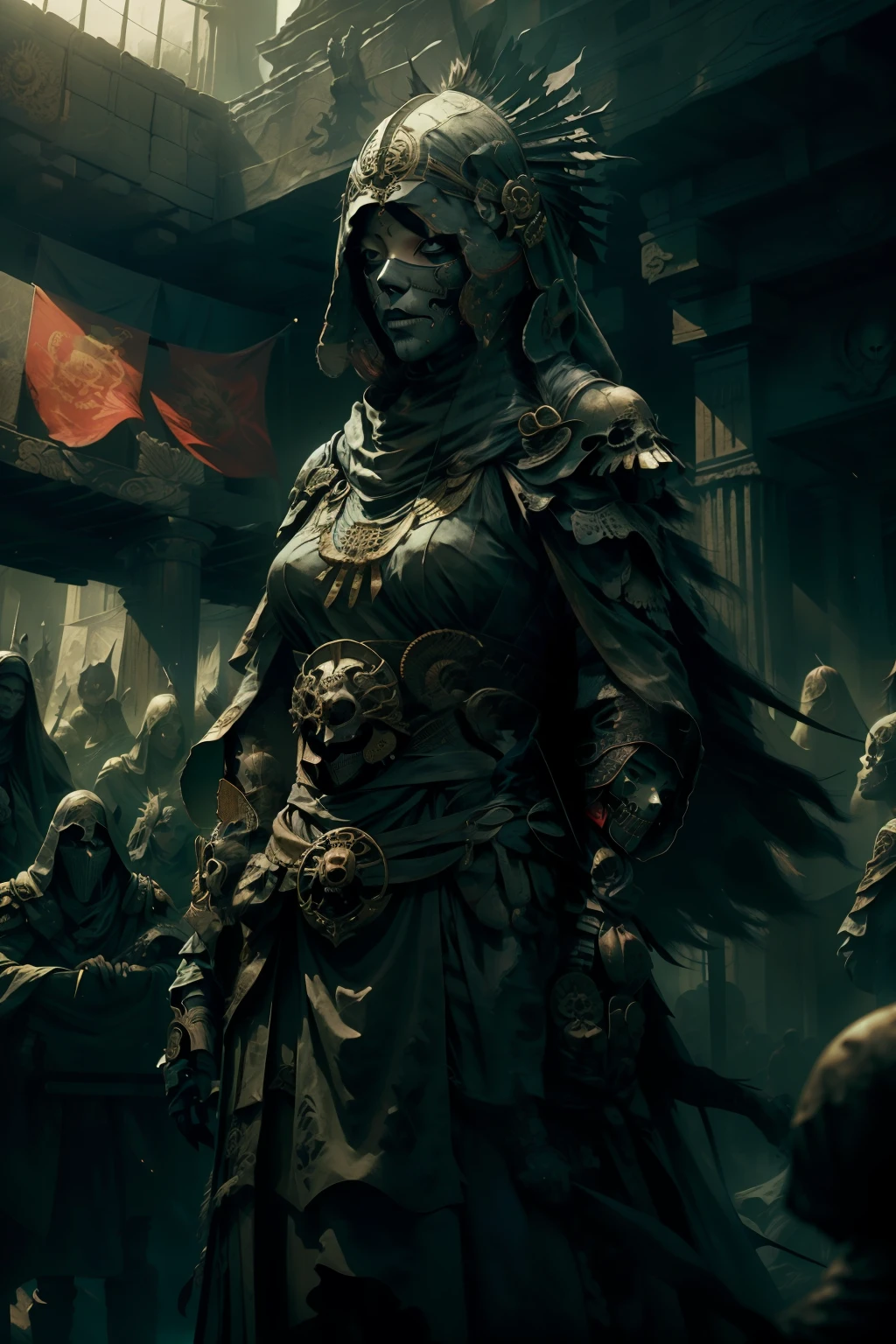 Half-naked woman, enshrouded in a billowing black flag, hood concealing her face with intricate skull designs, her black eyes gleaming ominously with a reddish reflection in the dimly lit surroundings. The woman is only partially unveiled, half hidden from the curious gaze of the onlookers, as the flag maintains an enigmatic veil around her form. The low light casts elongated shadows that dance upon the flag's fabric, adding to the mysterious allure of the figure. The flag, with its dark hue and morbid adornments, contrasts sharply with the woman's pale, flawless skin, teasingly revealed as the fabric clings