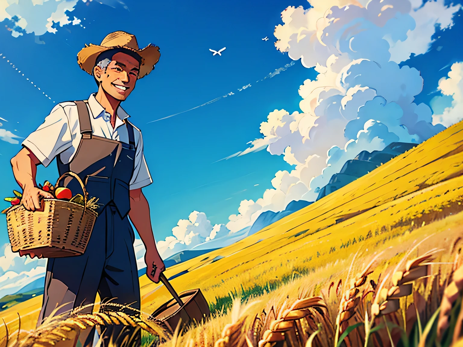 A poster was generated. A farmer's uncle was harvesting wheat fields with a happy smile on his face,waving a sickle and sweating. There were blue sky and white clouds,birds,streams,insects,HD 8K,9:16,