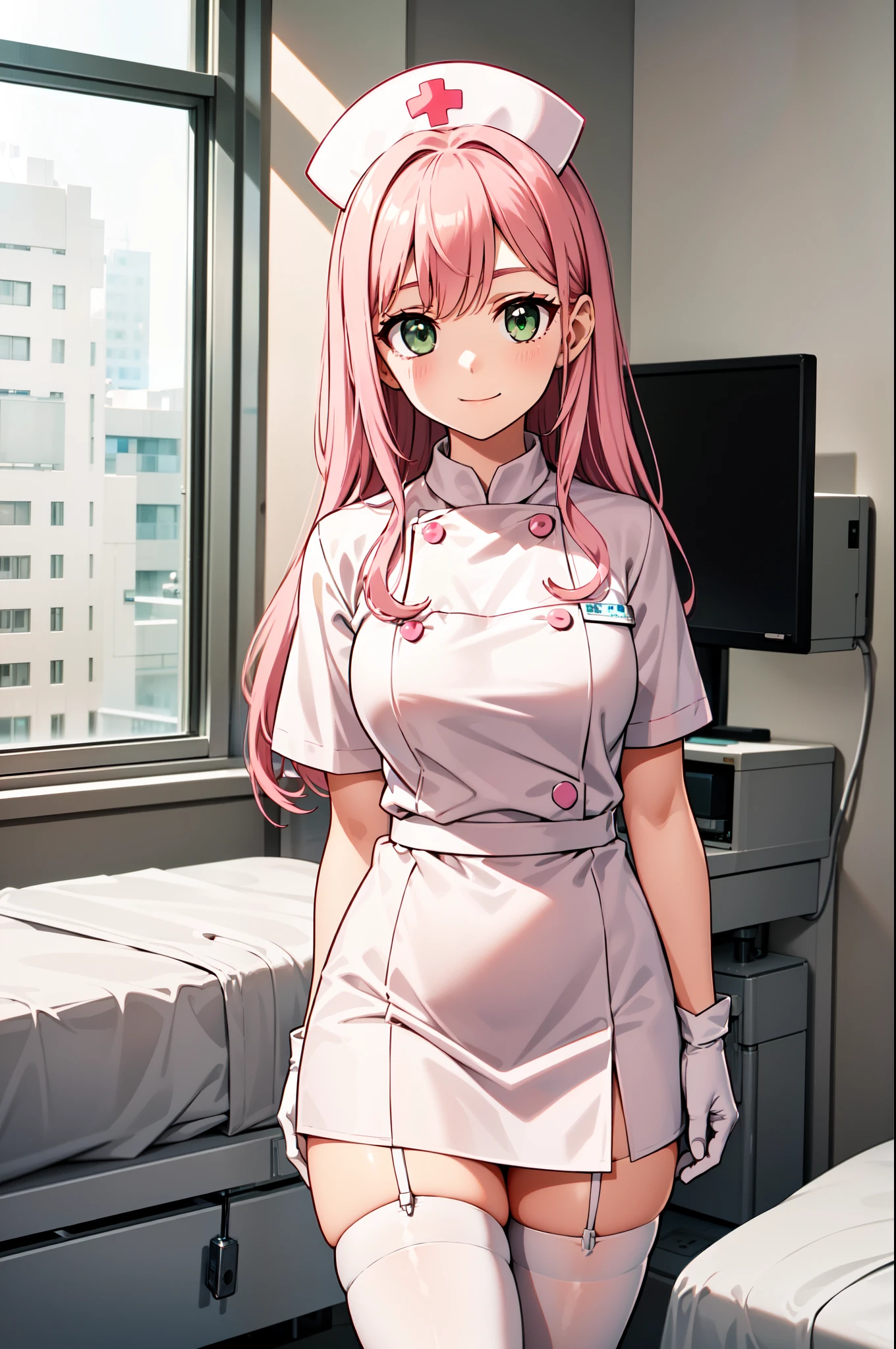 1girl, solo, nurse, white nurse cap, white nurse uniform, ((white legwear, zettai ryouiki)), white gloves, pink hair, green eyes, drooping eyes, smile, standing, ((hospital room)), sharp outline, short sleeves, best quality, masterpiece