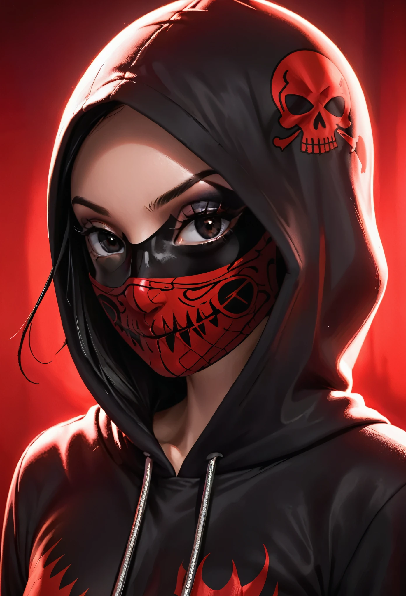 Half-naked woman, wrapped in a black flag, hood over her face, skull designs everywhere, black eyes with a reddish reflection, half hidden, low light.