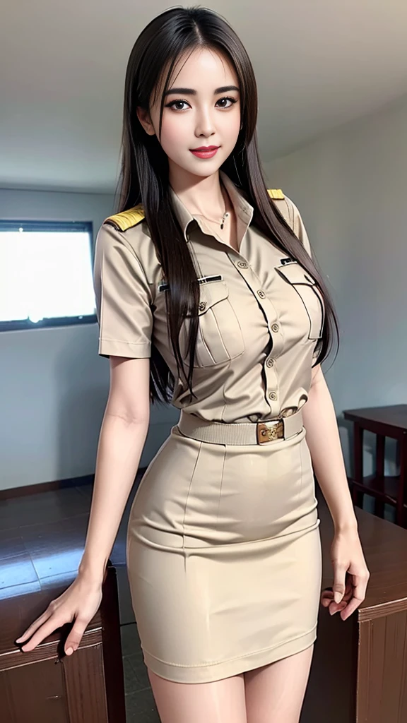 Khaki suit, khaki civil servant, Thai teacher uniform:1.3, beautiful girl, Two meter long hair, extra long hair, Long hair that catches the eye, long black hair, Her hair is very long., Long, shiny hair, Long, thick, soft hair, Extra long hair, Dynamic posts, like full body, Short sleeve shirtสีกากี, short pencil skirtสีกากี, side cut, Decorated with military insignia., black high heels, The sexiest, small waist, hips raised, small thighs, Long legs, big breastsโต, big breasts:1.5, big breast, Very big breasts, Eye-catching breasts, Large breasts pierce the shirt, Not completely covered, big breast, Huge breast, Big tits D, สาวTwo meter long hair, Beautiful face, red lips, Very shiny, แต่งBeautiful face, Military rank insignia, short pencil skirt, tight, Short sleeve shirt, tight fitting, (ultra short skirt, sexy short skirt, Focus on short skirts, standing mannequin, walk, straight face, pull up skirt, beautiful thighs, short skirt, very mini skirt, very short skirt), ระเบียงทางwalk, school building, classroom, meeting area,