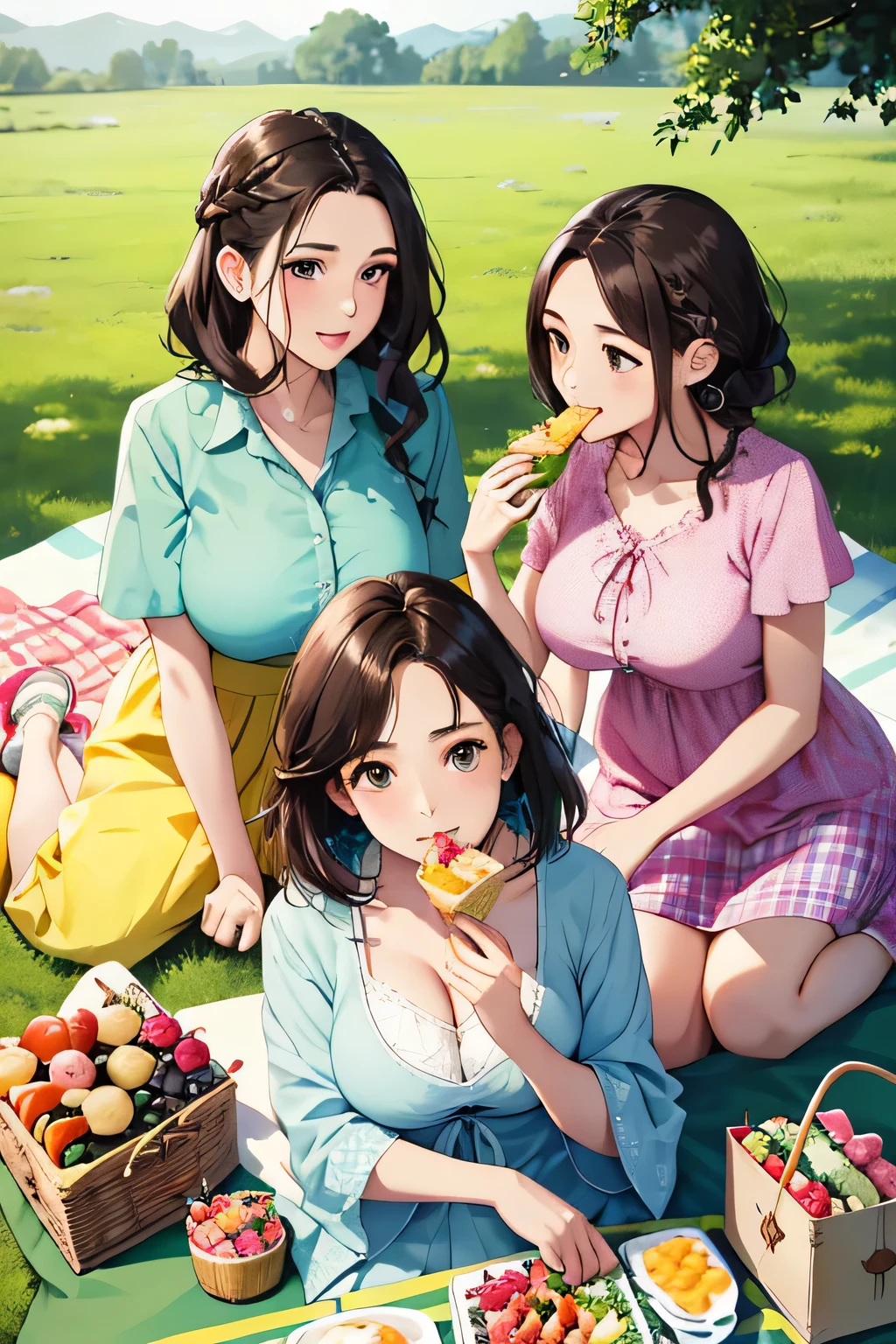 (highest quality:1.4)、High resolution、detailed background)、(detailed beautiful face:1.4)、detailed facial expressions、Anatomically correct、beautiful and smooth skin、Beautiful woman in her 30s、three beautiful girls、(huge breasts:1.3)、cute hair color、brown hair、braided bob、braided ponytail、realistic、perfect body line、cute、under the blue sky、Picnic on a green meadow、
(Three women chatting and eating while sitting on a colorful picnic blanket:1.5)、
Floral sundresses and flared skirts、
Bringing a handmade lunch box or fruit will make it even cuter.、cute
