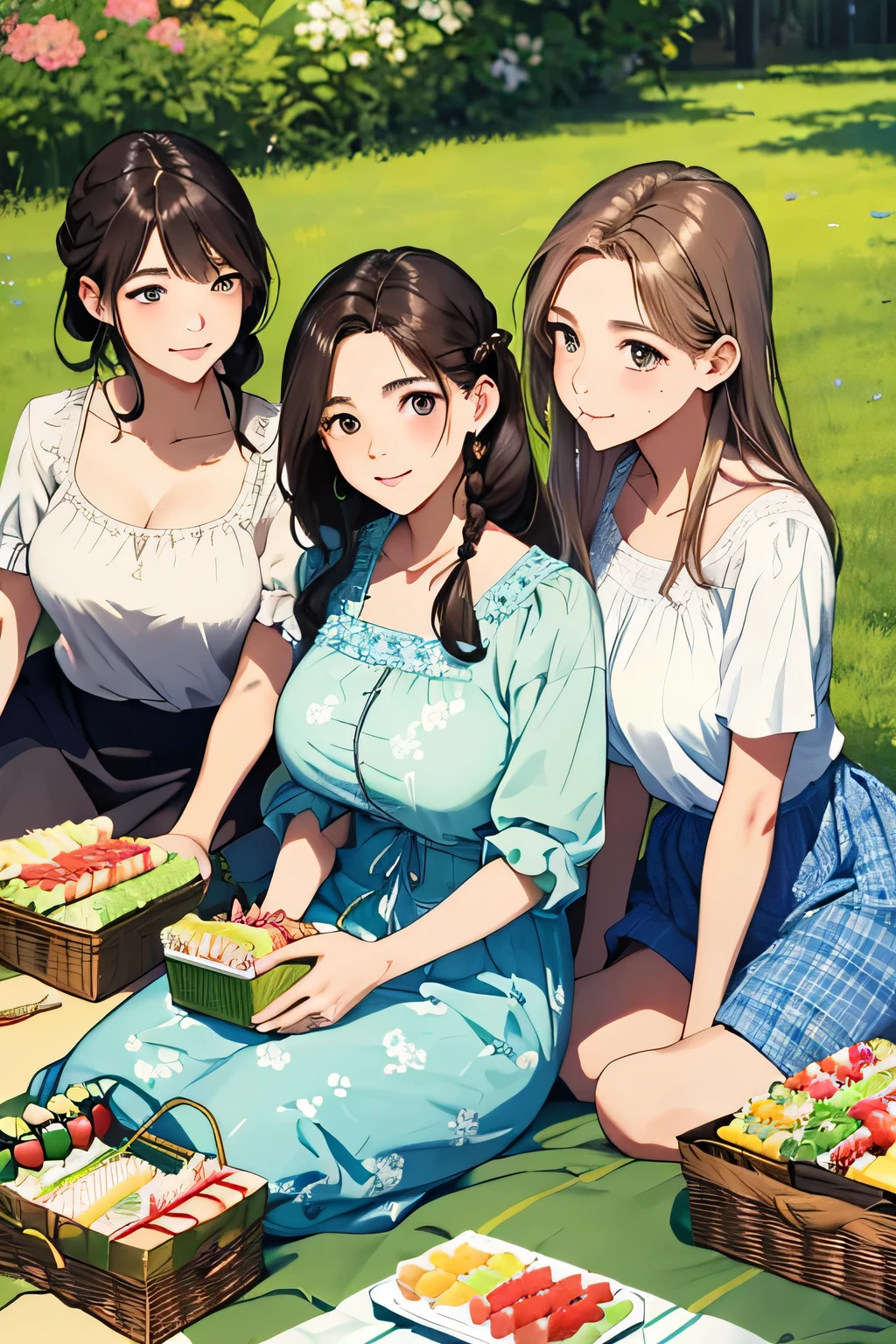 (highest quality:1.4)、High resolution、detailed background)、(detailed beautiful face:1.4)、detailed facial expressions、Anatomically correct、beautiful and smooth skin、Beautiful woman in her 30s、three beautiful girls、(huge breasts:1.3)、cute hair color、brown hair、braided bob、braided ponytail、realistic、perfect body line、cute、under the blue sky、Picnic on a green meadow、cowboy shot、
(Three women chatting and eating while sitting on a colorful picnic blanket:1.5)、
Floral sundresses and flared skirts、
Bringing a handmade lunch box or fruit will make it even cuter.、cute