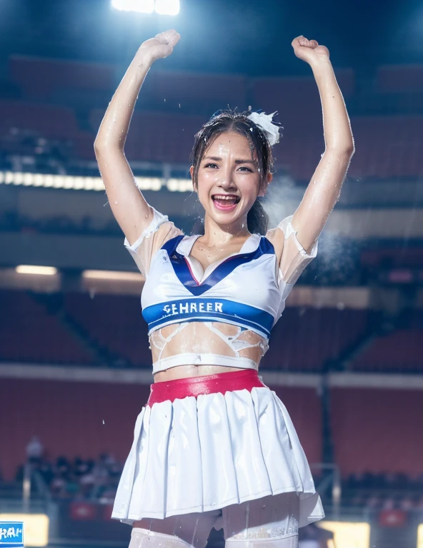 (8K, highest quality, masterpiece: 1.2), cute, alone, National Stadium, night, ((((The girl is wet)))), fine and beautiful eyes, blonde, pale blue eyes, belly button, cleavage, Japan, whole body, adult, 28 years old, frills, garter belt, Cheerleader, ((((raised my feet))), cheer leading, (The strong wind blows up my skirt)))), ((((cheer loudly)) , ((((sweaty))), white costume, I can see my underwear, serious smile,