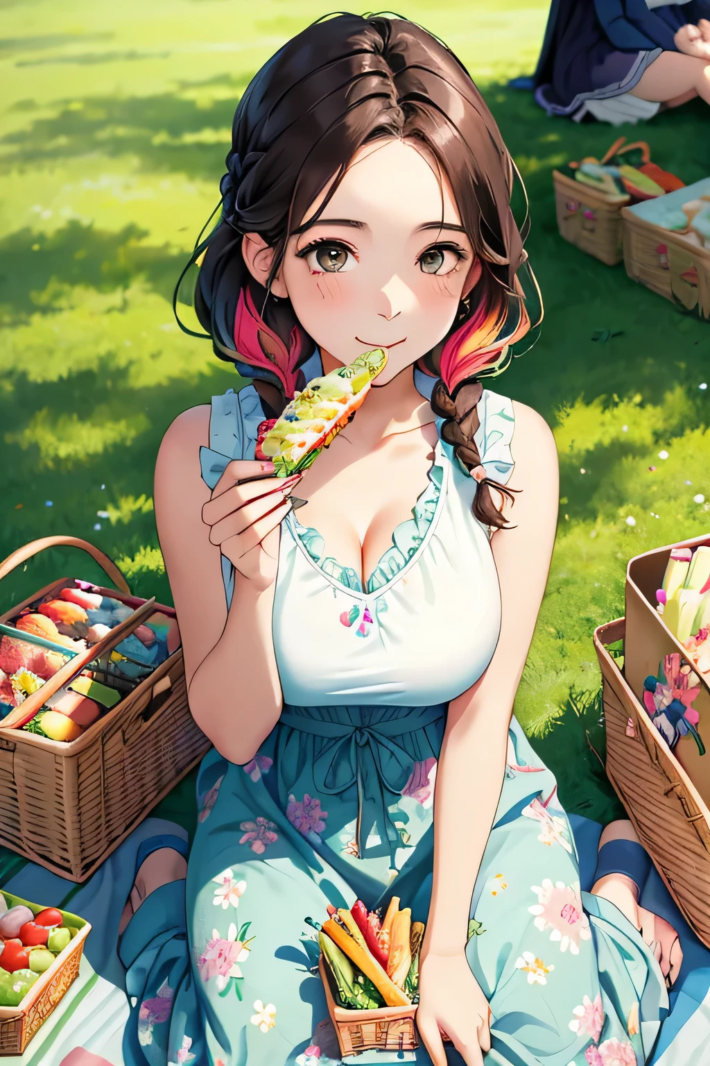 (highest quality:1.4)、High resolution、detailed background)、(detailed beautiful face:1.4)、detailed facial expressions、Anatomically correct、beautiful and smooth skin、Beautiful woman in her 30s、three beautiful girls、(huge breasts:1.3)、cute hair color、brown hair、braided bob、braided ponytail、realistic、perfect body line、cute、under the blue sky、Picnic on a green meadow、cowboy shot、
(Three women chatting and eating while sitting on a colorful picnic blanket:1.5)、
Floral sundresses and flared skirts、
Bringing a handmade lunch box or fruit will make it even cuter.、cute
