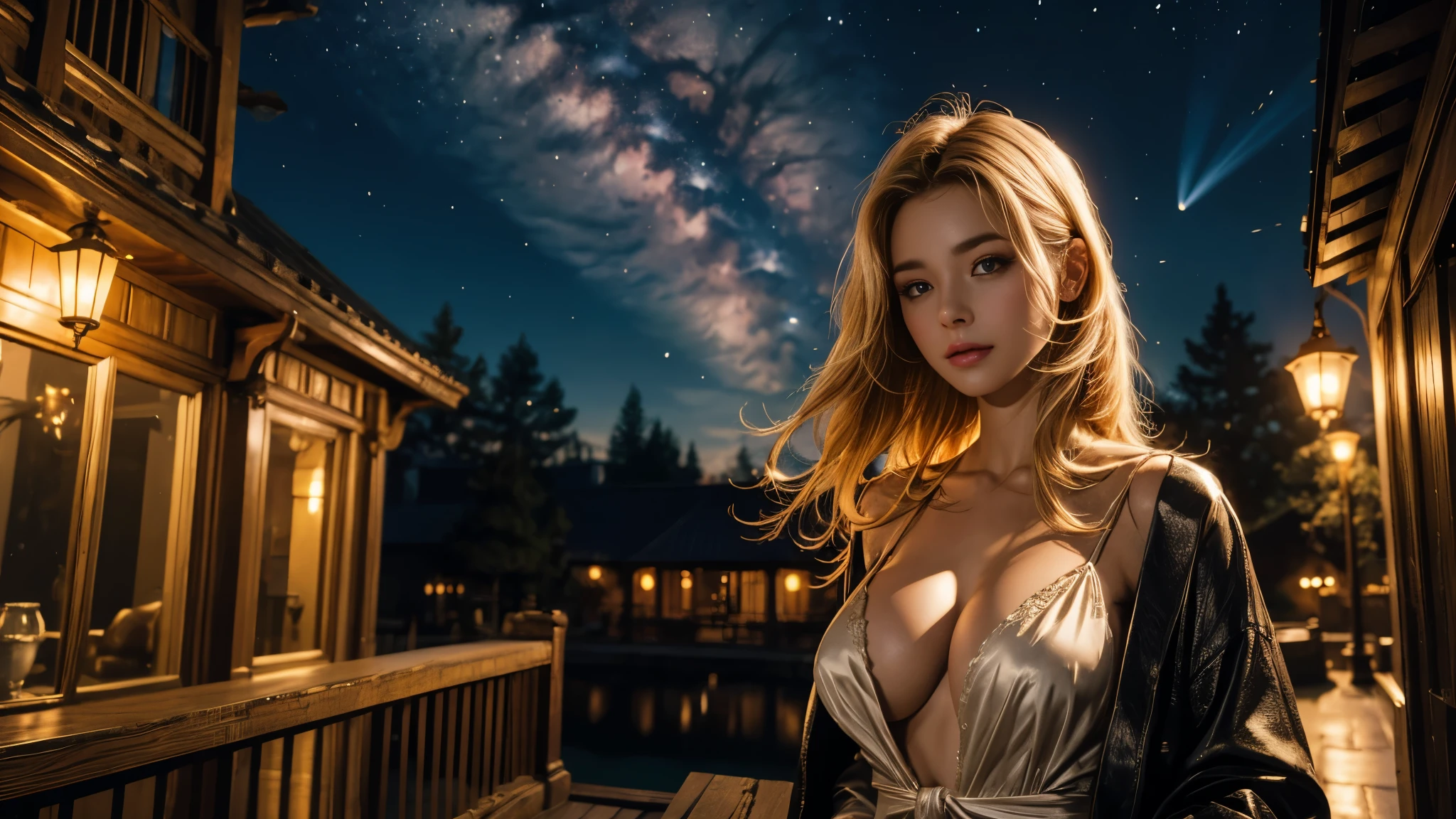 masterpiece, best quality, Extremely detailed 8K wallpapers, 1 girl, a young blonde, very pretty girl, (Gorgeous:1. 3) robe,Glowing scepter, elegant posture, Very detailed,big breasts, deadly face, sharp focus, The background is the night sky,comet, concept art, Very detailed, lifelike, octane rendering, Unreal Engine, depth of field, pentagonal bokeh,Close up photography