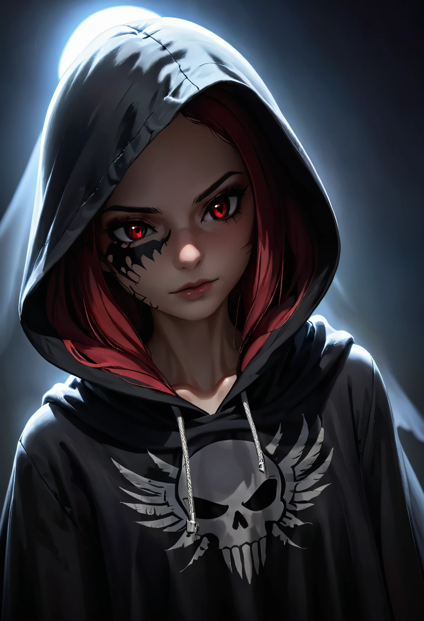 (highres:1.2),half-naked woman,wearing a black flag as a cloak,hooded face with intense mystery,skull designs etched all over her exposed skin,revealing only half of her face,subtle lighting creates a low-key atmosphere,dark eyes with a reddish reflection,adding to the enigmatic aura.