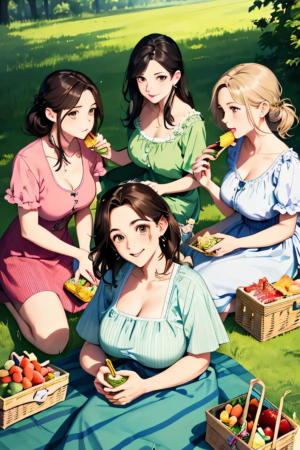 (highest quality:1.4)、High resolution、detailed background)、(detailed beautiful face:1.4)、detailed facial expressions、Anatomically correct、beautiful and smooth skin、Beautiful woman in her 30s、three beautiful girls、(huge breasts:1.3)、cute hair color、brown hair、braided bob、braided ponytail、realistic、perfect body line、cute、under the blue sky、Picnic on a green meadow、cowboy shot、
(Three women chatting and eating while sitting on a colorful picnic blanket:1.5)、
Floral sundresses and flared skirts、
Bringing a handmade lunch box or fruit will make it even cuter.、cute