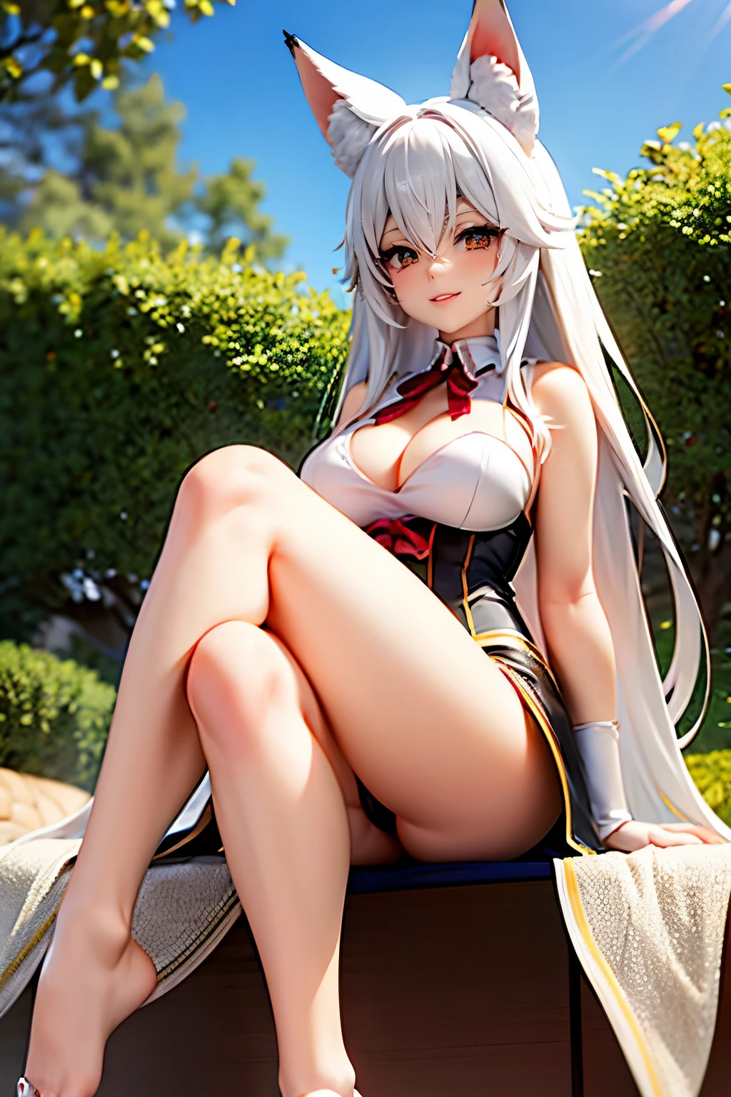 Fox girl, sitting, cute legs, legs on you,footjob, perfect legs, large chest, white hair, lewd pose, fox ears