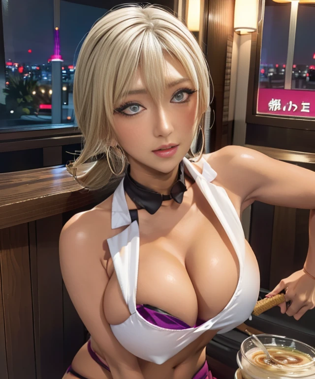 1 girl,  (((slut))),hoop earrings, swollen lips, painted lips, thick lips. 
blonde hair, short twin tails, wide hips, thick thighs, A chest that is about to burst, City of night, サイbarパンクシティ, futuristic cityscape. neon light, (Skyscraper:1.1), Tokyo Tower, Palm tree, cloth sign, Ramen stall, night club. bright city lights, exotic cars. alcohol, bar, Ramen, soup stall ,alcohol bottles,