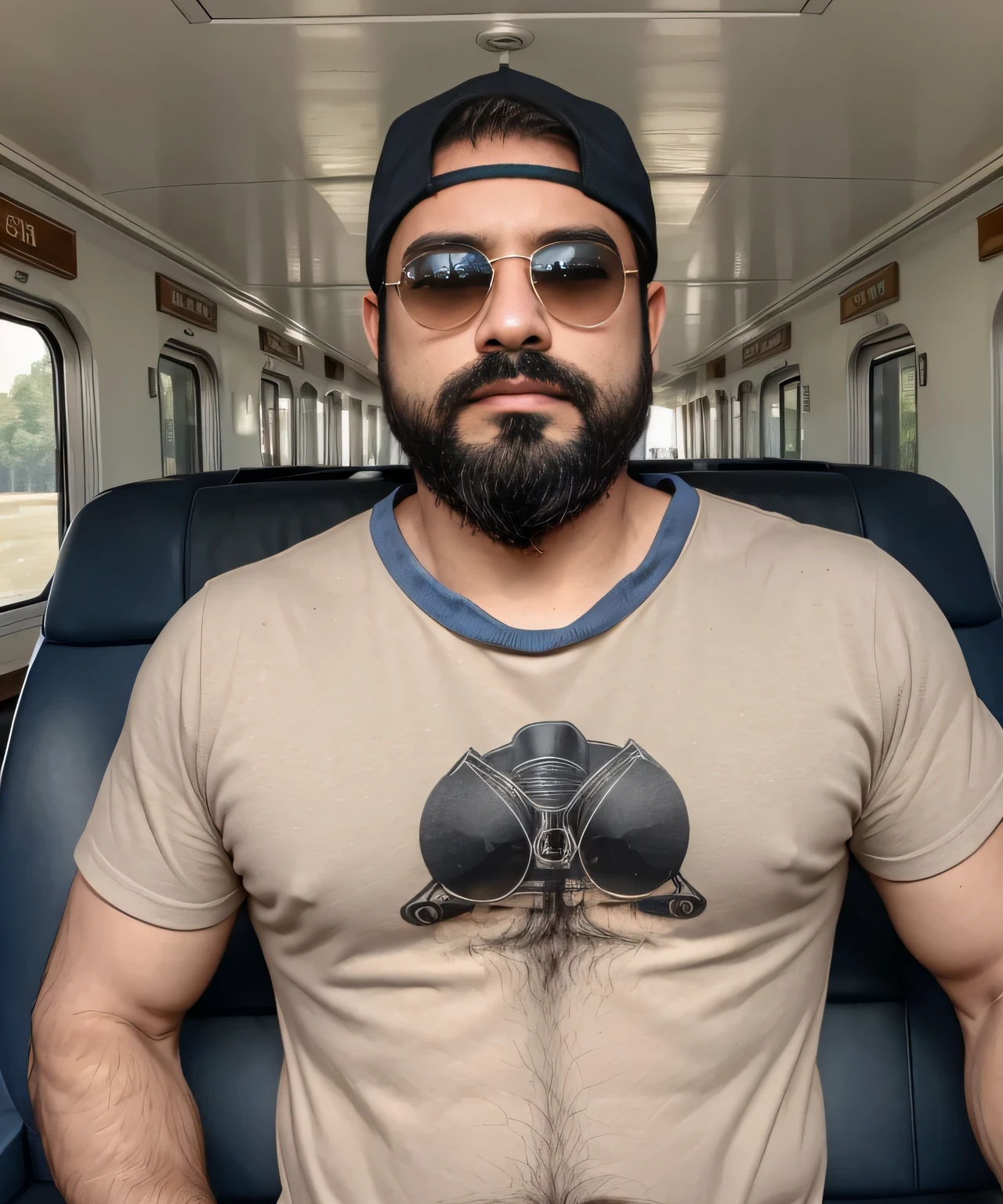Masterpiece, Parte superior del cuerpo, 38 year old man with beard and sunglasses. Hombre vistiendo playera negra y gorra, en un tren.