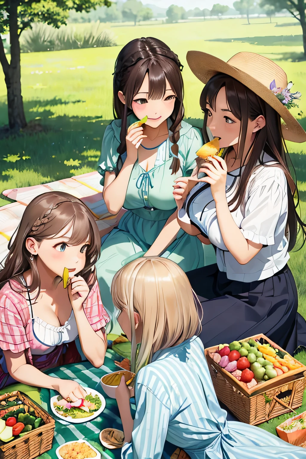 (highest quality:1.4)、High resolution、detailed background)、(detailed beautiful face:1.4)、detailed facial expressions、Anatomically correct、beautiful and smooth skin、Beautiful woman in her 30s、three beautiful girls、(huge breasts:1.3)、cute hair color、brown hair、braided bob、braided ponytail、realistic、perfect body line、cute、under the blue sky、Picnic on a green meadow、cowboy shot、
(Three women chatting and eating while sitting on a colorful picnic blanket:1.5)、
Floral sundresses and flared skirts、
Bringing a handmade lunch box or fruit will make it even cuter.、cute
