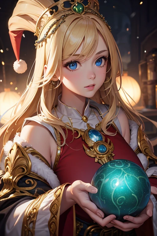 beautiful queen portrait, blonde hair, perfect blue eyes, with brilliant, Impossibly Eye-catching Big Christmas Headdress, Clothes Santa Claus Robe, all christmas, snow, Symmetrical, Dramatic studio lighting, Rococo, Baroque, Green vegetables, Asian, Surrealism, close up, D&D, fantasy, complex, elegant, Very detailed, number, art station, octane rendering, 8K, concept art, matte, sharp focus