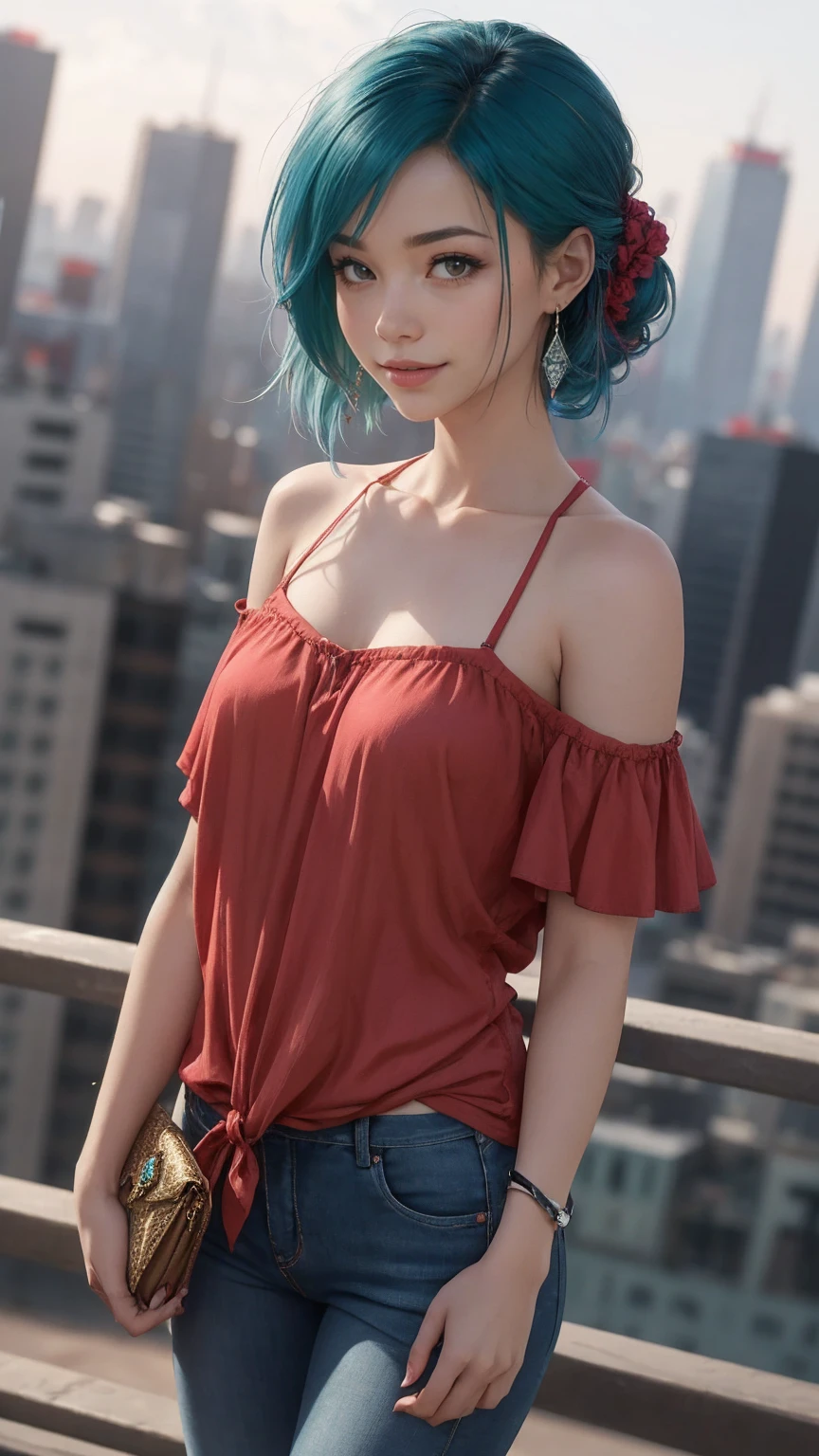 (only 1 woman)The character similar to Genshin Impact, an 18-year-old Swiss human woman, with magenta red hair, A beautiful and symmetrical face, happy and sticking out the tip of her tongue with cat ears instead of horns, as well as super horny and fiery, (with a short blue and white pleated miniskirt) Futuristic mountain clothing, with an Egyptian jewel necklace and an ornament on the right thigh, with a city background