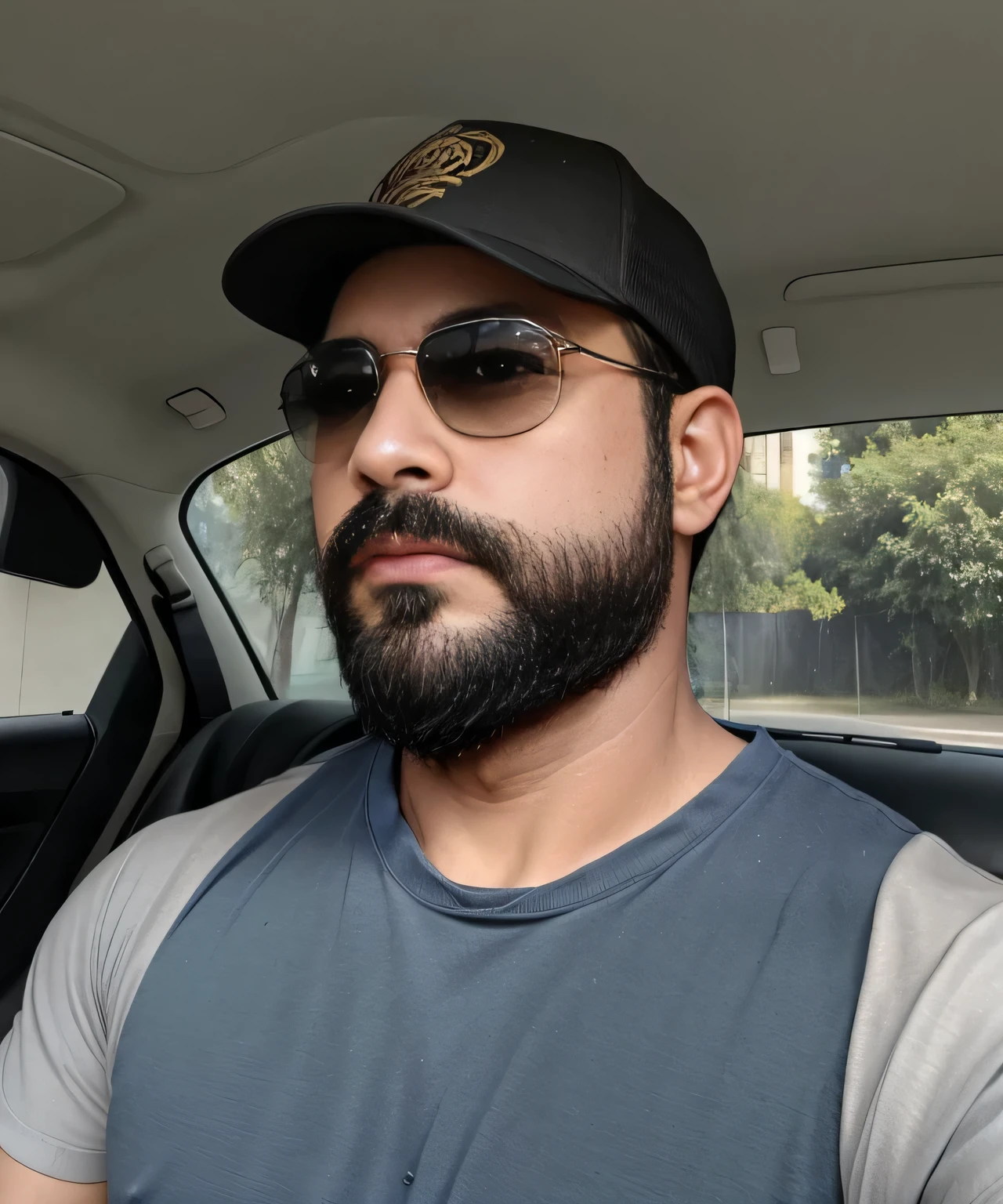 Masterpiece, Parte superior del cuerpo, 38 year old man with beard and sunglasses. Hombre vistiendo playera negra y gorra, en un auto.