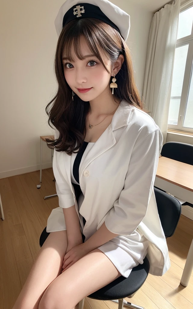 , highest quality, figure, Super detailed, finely, High resolution, 8k wallpaper, 完璧なダイナミックな構figure, detailed and beautiful eyes, bob hair, natural color lip, ,smile,20 year old girl、Huge 、Examination room、Stethoscope　垂れ下がったHuge乳　Huge乳輪　open the thighs　show one&#39;s side　necklace　big earrings　nurse hat　Completely naked　beautiful pussy　sit on a chair　open the thighs　M-shaped spread legs　show your pussy