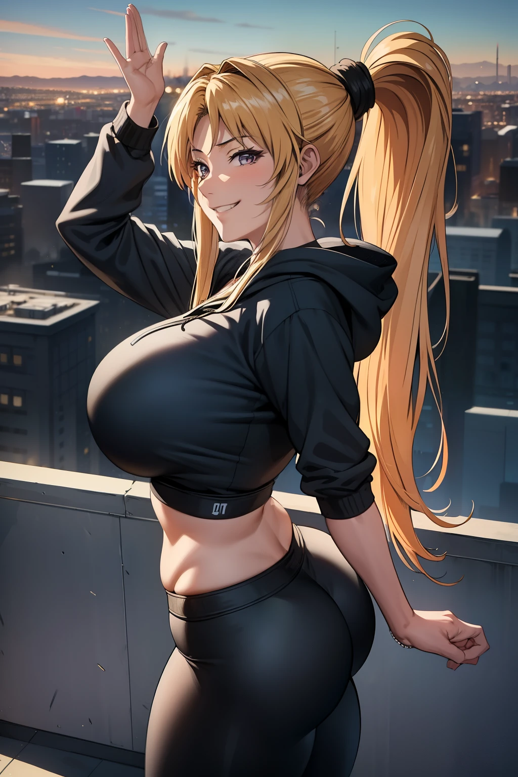 masterpiece, best quality, Kaori Saeki, ponytail, hair tie, blue hoodie, tight black yoga pants, athletic curves, curvatious, large ass, large breasts, thin waist, huge breasts, looking at viewer, city background, cowboy shot, excited grin,